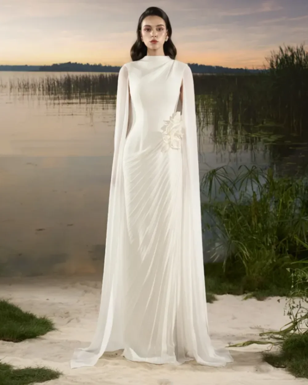 

Customized High Quality Women Jersey Handmade Flower Ruched Straight Evening Dresses Classic High Collar Sleeveless Prom Dresses