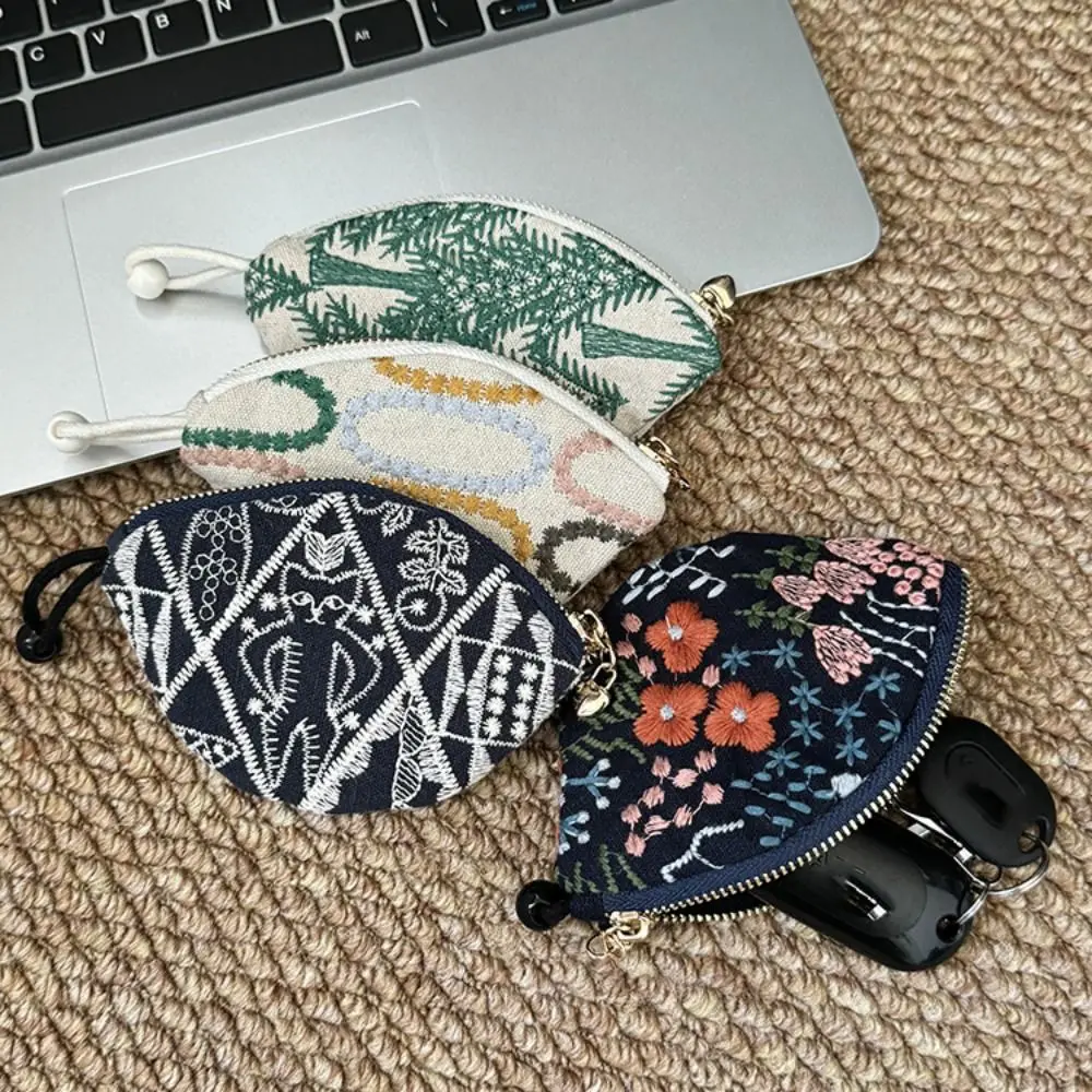 Portable Ethnic Style Coin Purse Cotton Linen Flower Pull Type Key Bag Lightweight Korean Style Embroidery Storage Bag Key Bag