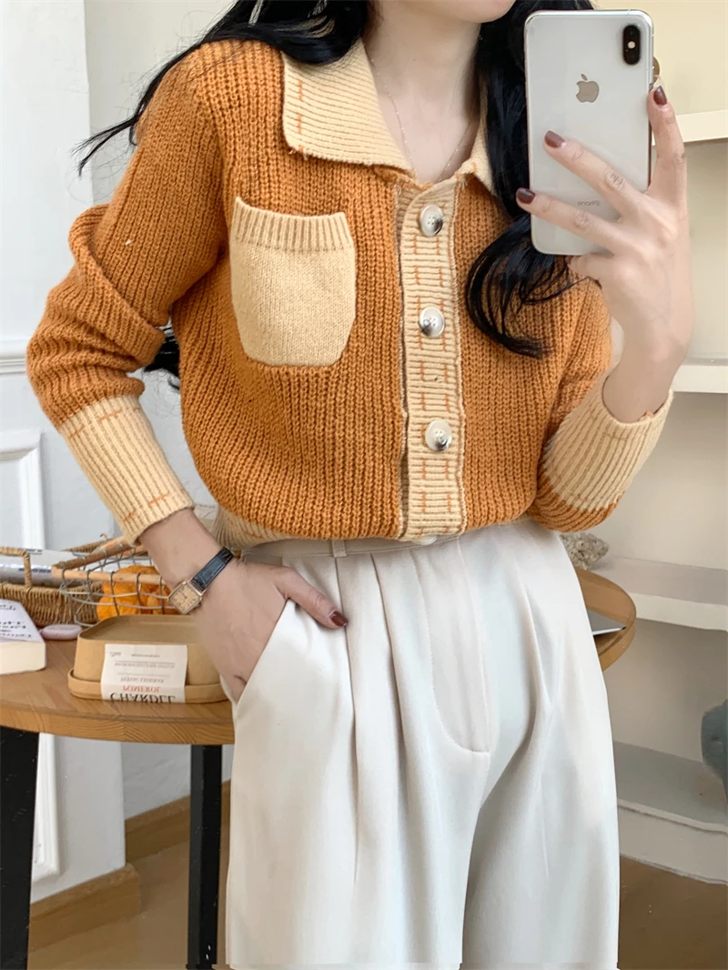 Autumn Color-blocking Women Knitted Cardigan Top Winter Long Sleeve Lapel Button Up Sweater Elegant Knitwear 여성니트 свитер женский