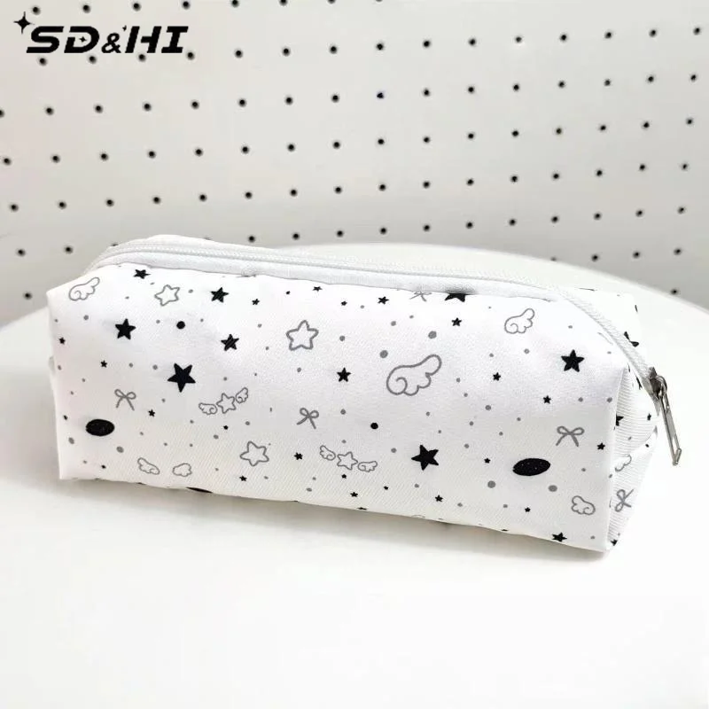 1Pcs Star Cloud Bow Print Canvas Pencil Pouch Large Capacity Portable Zipper Pen Bag Student School Stationery Storage Case