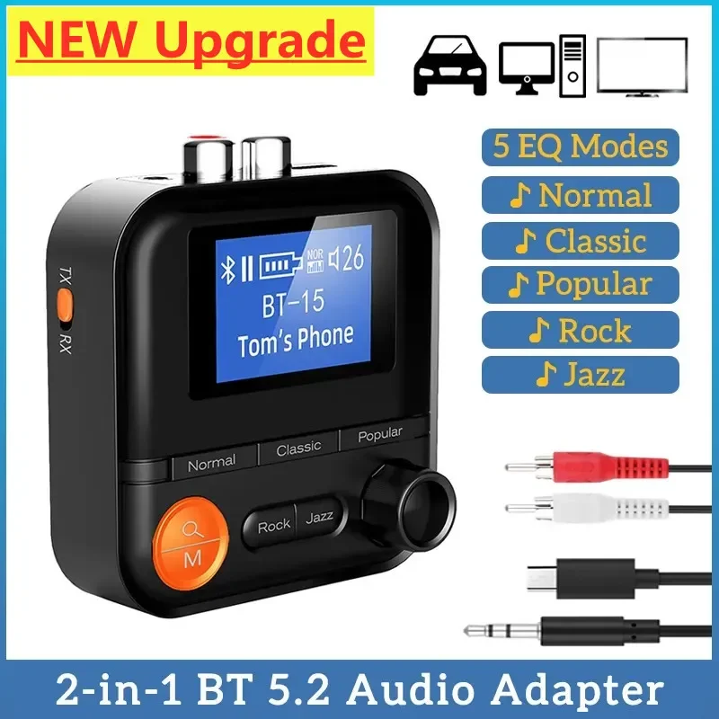 2 In 1 Bluetooth 5.2 Audio Transmitter Receiver 5 EQ Modes 3.5mm AUX RCA Jack Stereo Wireless Adapter for TV PC Car Kit Speaker