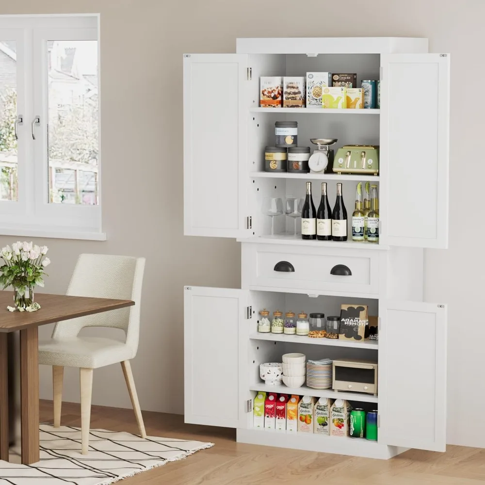 

Kitchen Pantry Cabinet, Tall Pantry Storage Cabinet with Drawer and 4 Adjustable Shelves, Freestanding Pantry Cupboard Cabinet