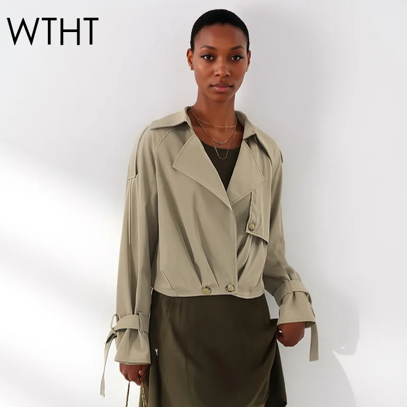 WTHT 2026 summer fashion new women's wrinkled design casual cargo trench coat trendy lapel long sleeves jacket female