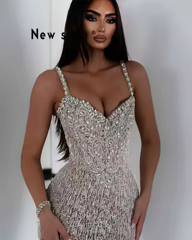 Glitter Beads Silver Mermaid Party Dress 2025 Customized Spaghetti Straps Birthday Engagement Gowns Crystal Evening Prom Dresses