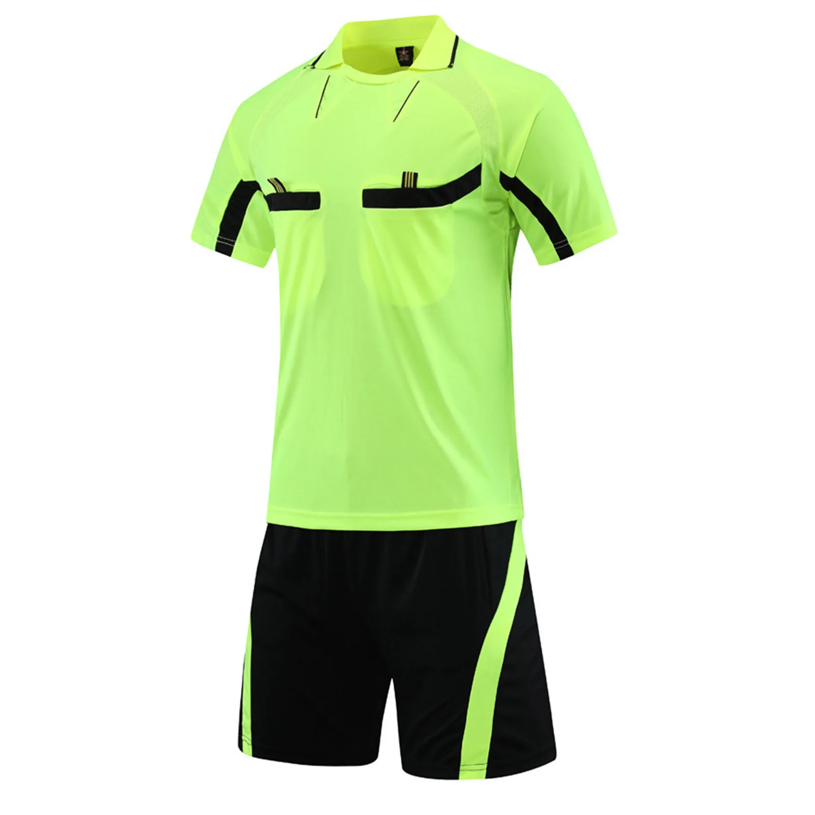 Mens Soccer Jersey Referee Outfit Football Match Uniform Tracksuit Turn-Down Collar Short Sleeve Pockets T-shirt with Shorts