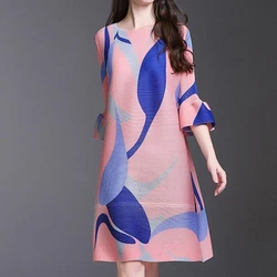 2023 Summer New Contrast Pleated Loose Size A-line Dress Printed Dress for Women  maxi dresses  LOOSE