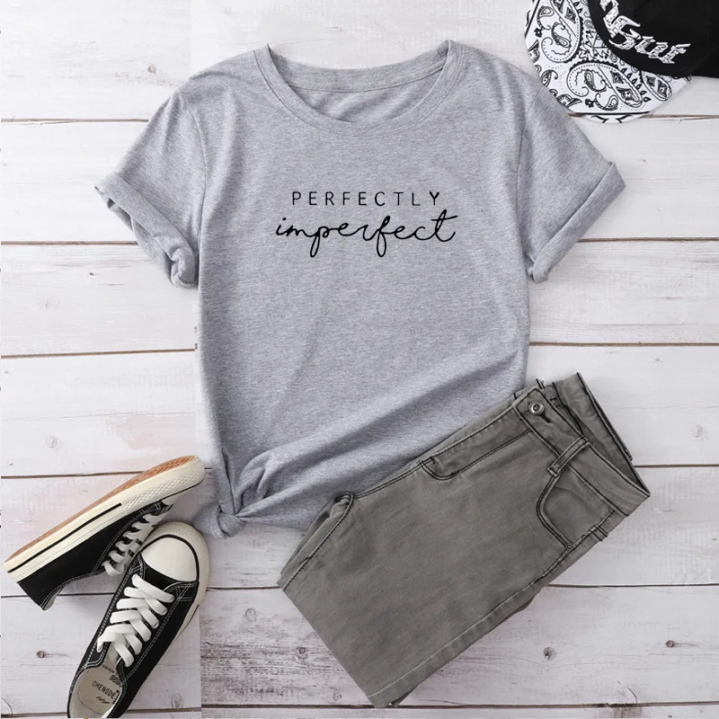 Perfectly Imperfect Letter Print Women\'s T-shirt Harajuku Casual Short Sleeve Black T-Shirt Female Summer Street Clothes Girl