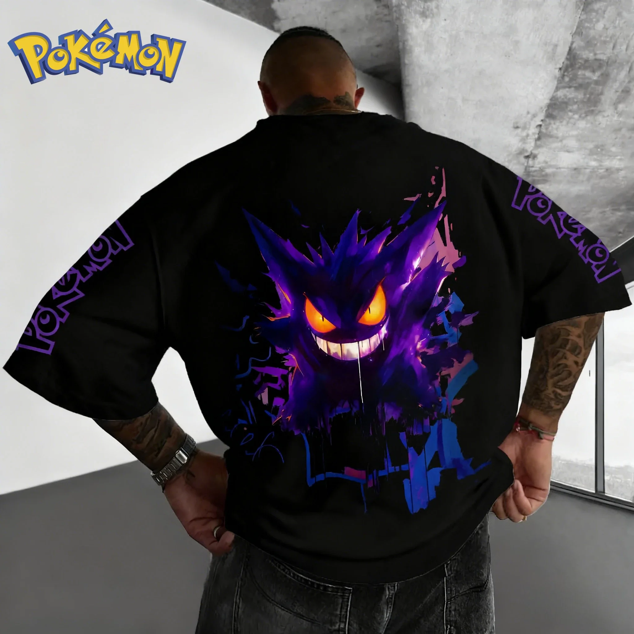 بوكيمون يده لعبة Gengar تي شيرت مطبوع 2026 الخريف والشتاء جديد Harajuku الرجال والنساء فضفاض اليومية الوالدين والطفل #1