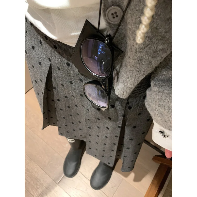 

Factory Price Retro Wear Two Sides Wear Pleated Polka-dot Skirt Women 2025 Fall/winter New Fashion Gray A-line Skirt