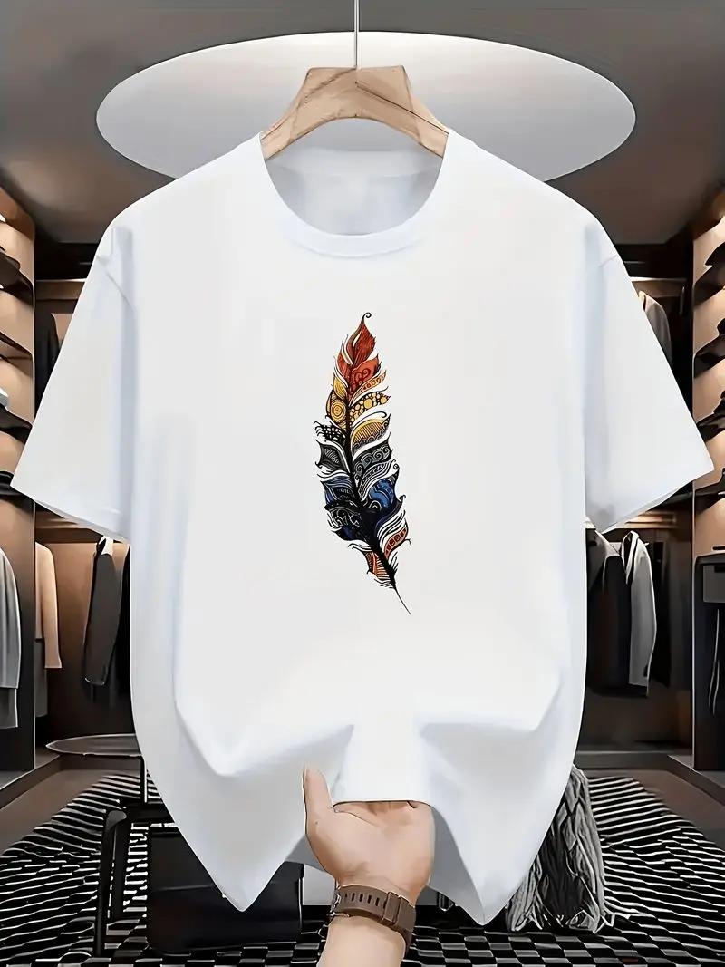 Full Of Artistic And Colorful Tension Crew-Neck Short-Sleeve T-Shirt With Exquisite Colorful Feather Pattern Prints Unique Style