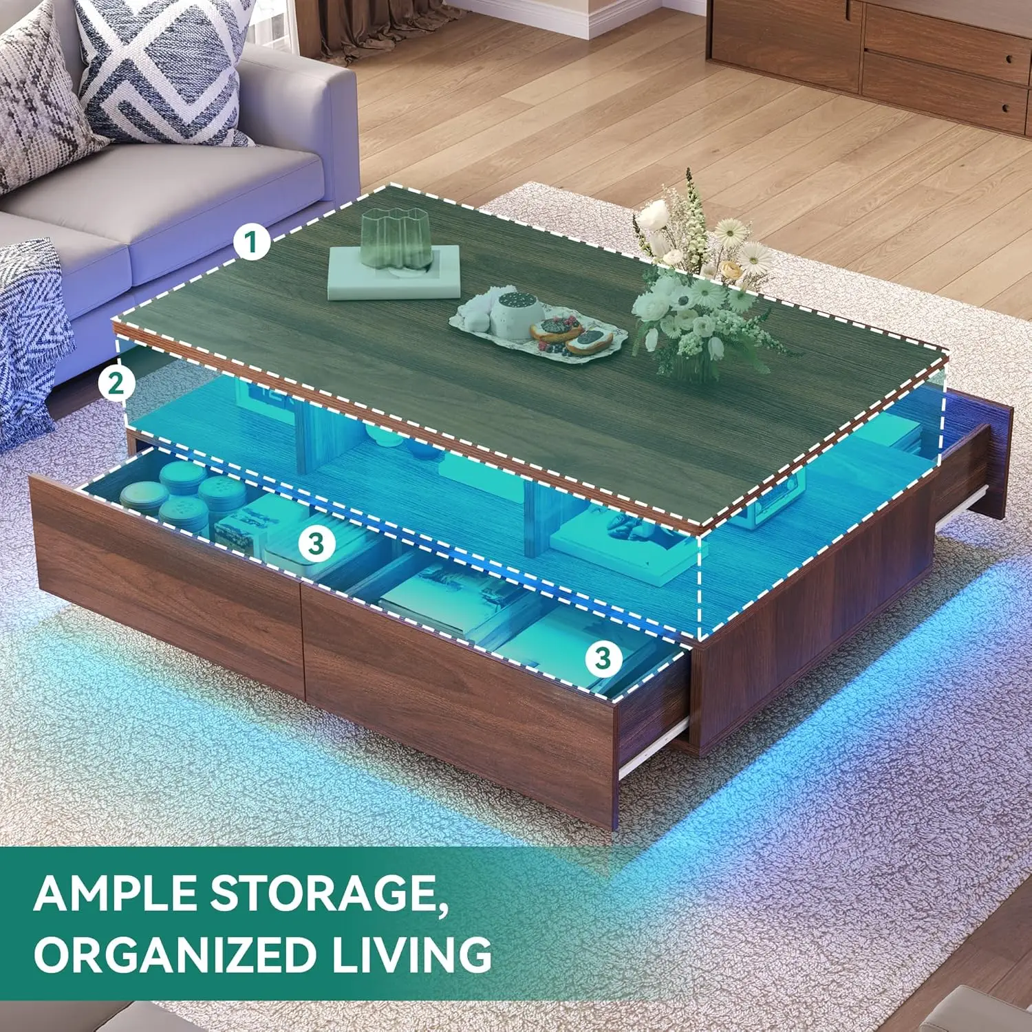 طاولات قهوة LED لغرفة المعيشة، طاولة قهوة للمزرعة مع 4 أدراج للتخزين وحجرة مفتوحة، مستطيل حديث