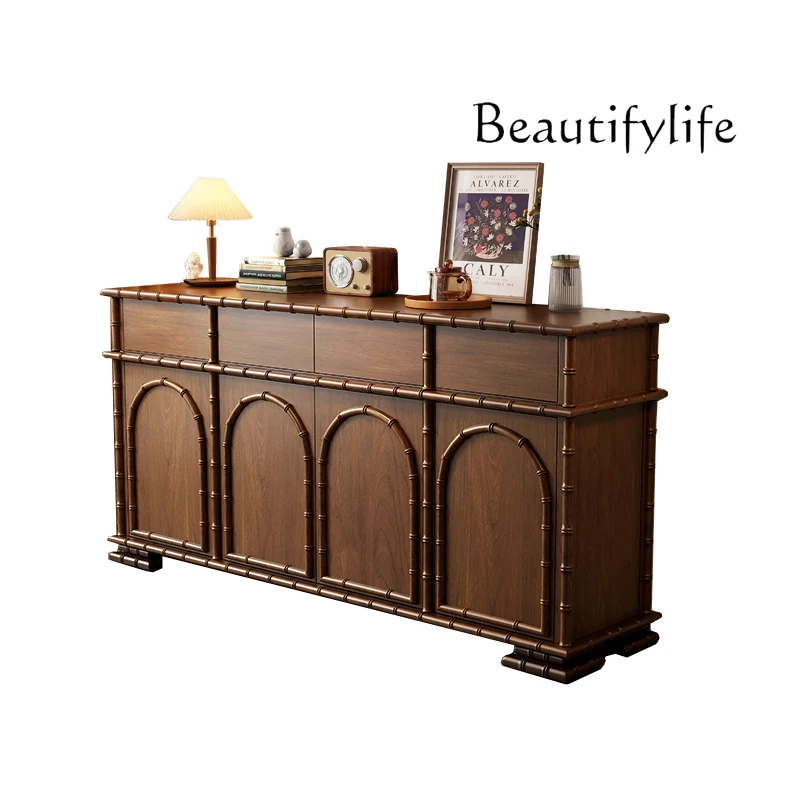 French Style Mid-Ancient Entrance Cabinet Solid Wood Vintage Sideboard Cabinet Living Room Wall-Mounted Storage Curio Cabinet