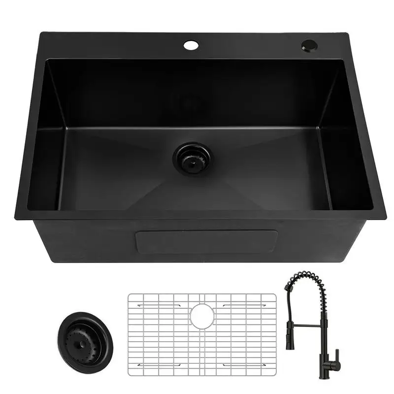 

33 Inch Drop-In Single Bowl Kitchen Sink, 18G Black Stainless Steel, Handmade Topmount Sink with Black Pull-Out Spring Neck