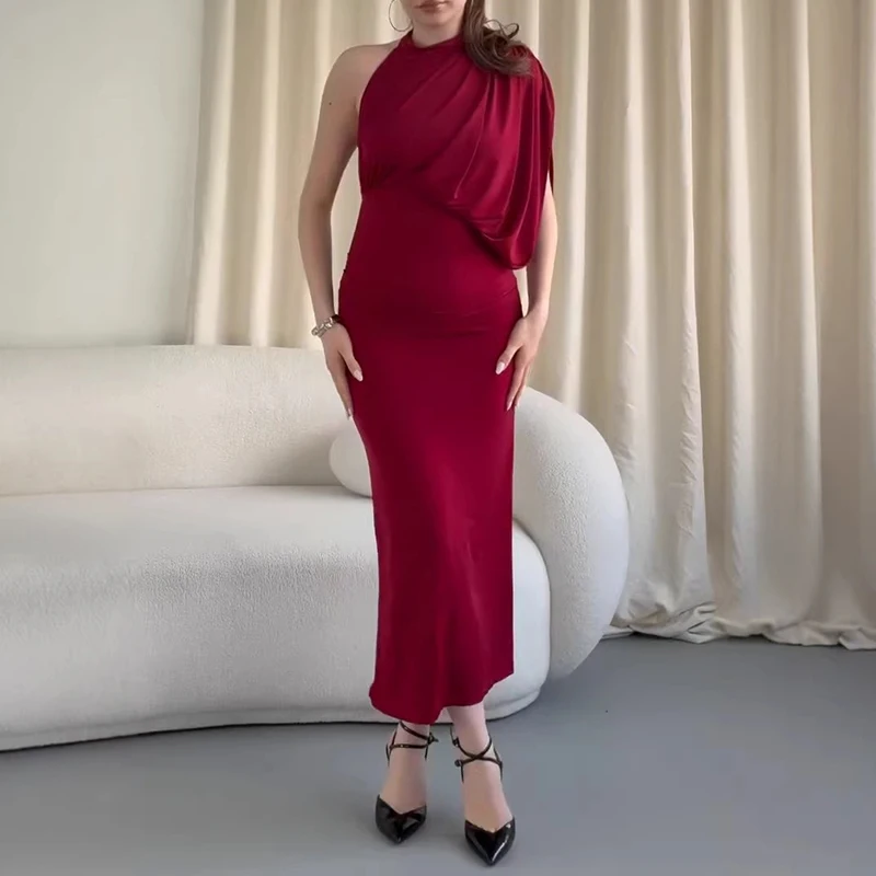 Temperament Strapless Backless Evening Dresses Luxury Satin Shoulder Hug Hip Dress Elegant Solid Trumpet Sleeve High Waist Dress
