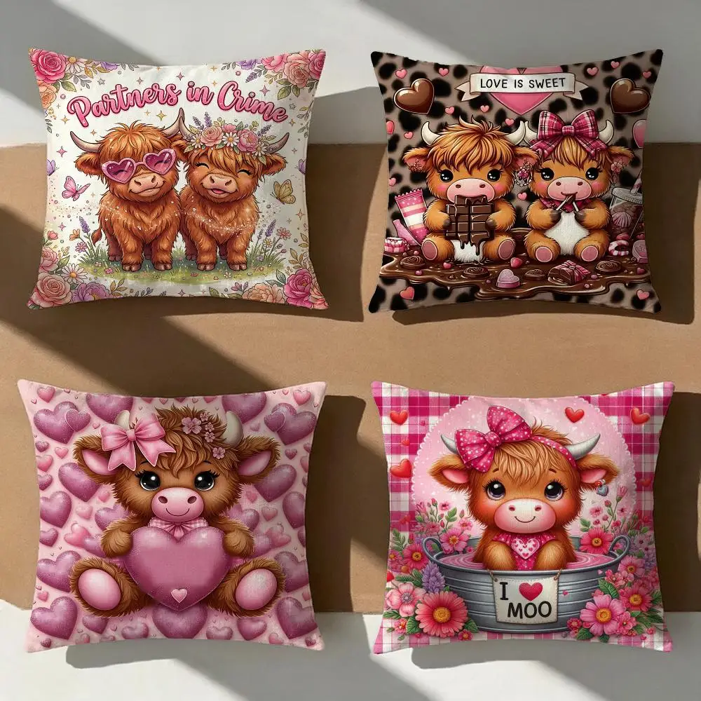 Highland Cow Valentine Cushion Cover Pillow Cover Nordic Minimalist Throw DoubleSided Print Cushion Case for Sofa Bedroom Decor