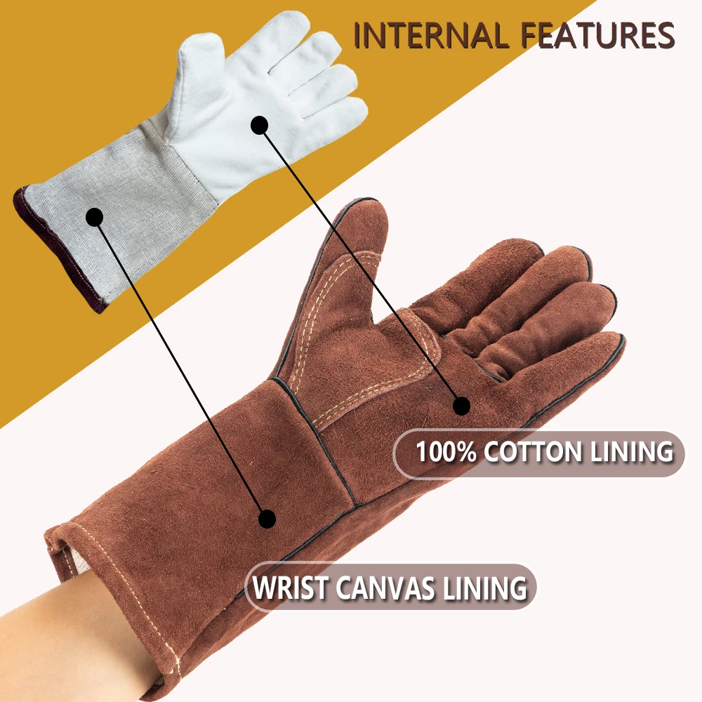 14 Inch Welding Gloves For Welder Work Gloves Thick Cow Split Leather Heat Resistant Oven BBQ Gloves For Grill Heat Insulation