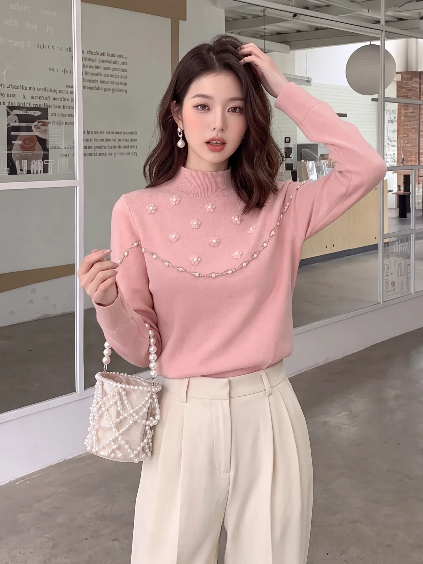 Sweet Style Women's Knitted Sweater Half High Collar Bead Embellished Floral Long Sleeve Soft Autumn Winter Base Layer Top