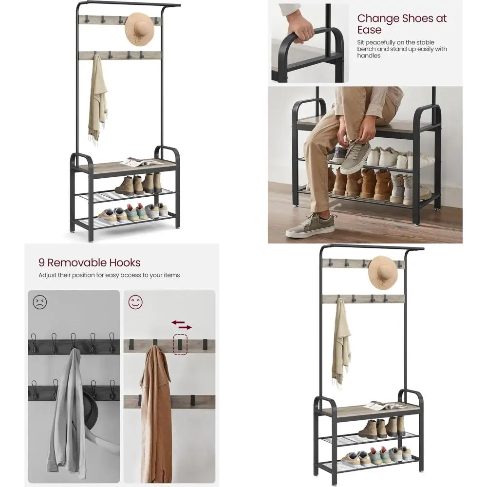

4-in-1 Entryway Bench with Coat Rack, Shoe Storage, 9 Hooks, Hanging Rod, 13.3x33.1x72.1 Inches, Greige and Black
