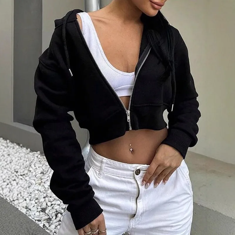 Women's Long Sleeve Hooded Zipper Cardigan Cropped Sweatshirt Casual Versatile Apparel European and American  Hoodies Women