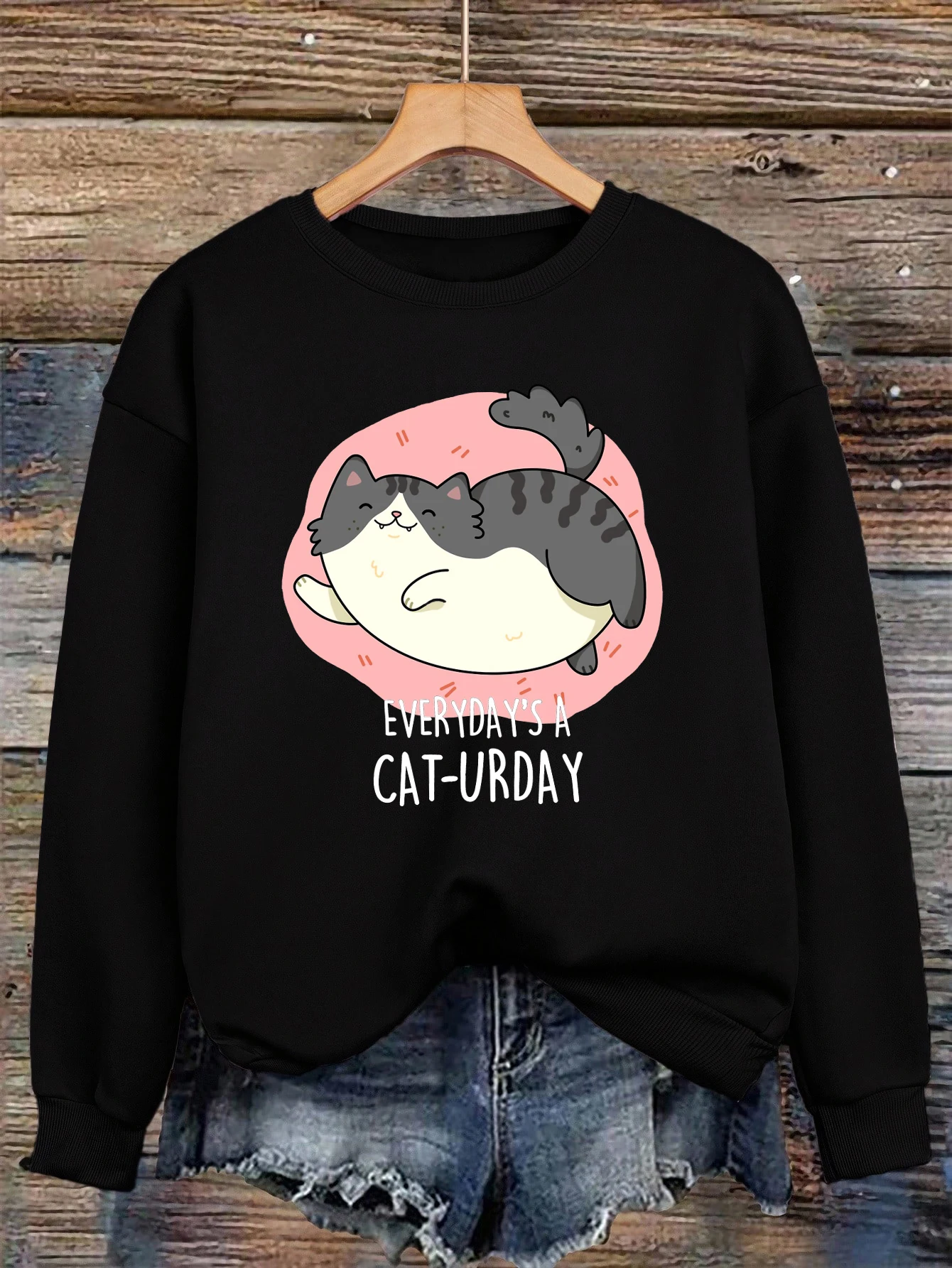 سويت شيرت نسائي مطبوع عليه قطة كرتونية سعيدة بلوفرات فضفاضة تناسب الجميع ملابس خريفية مريحة للركض للجنسين #1