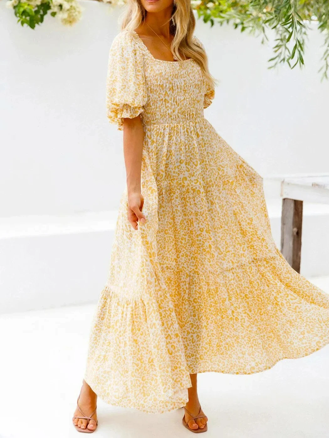 GypsyLady Boho Floral Chic Maxi Dresse Yellow Elegant Backless Lace Up Sexy Summer Party Women Vocation Casual Ladies Dress New