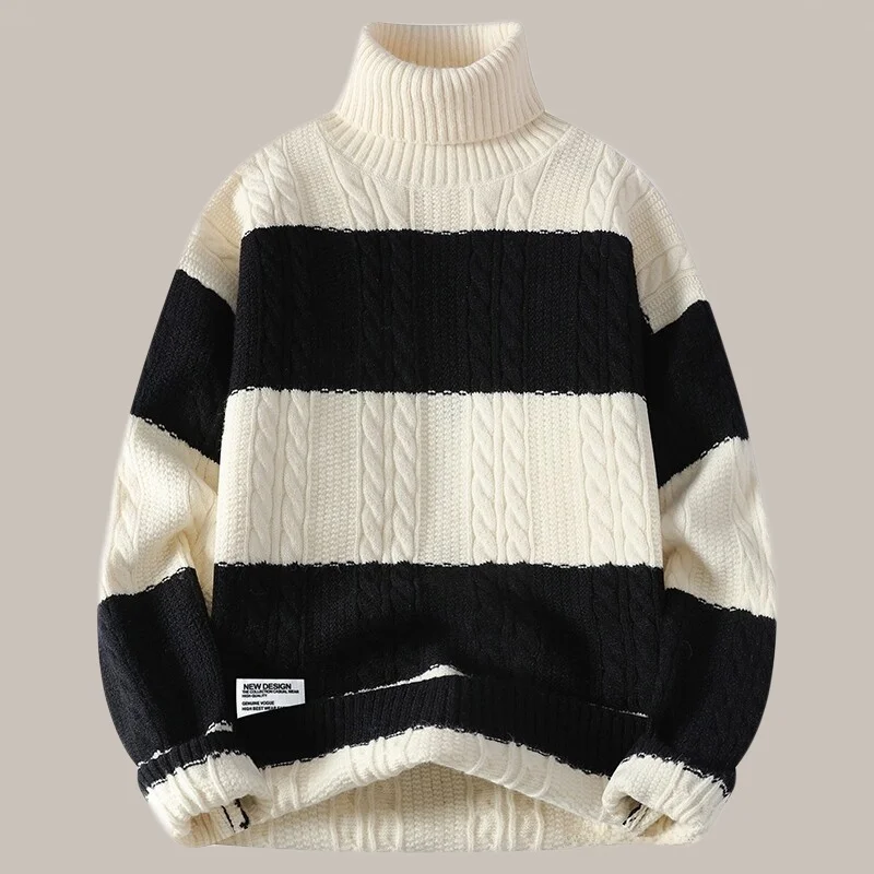 

Winter Thiened Fce Lined High Collar Knitted Sweater for Men And Boys Loose Fit Woolen Sweater Casual Stripe Pattern