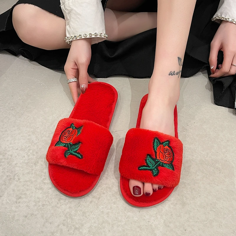 Women Autumn Winter Rose Flower Embroidery Furry Fur Slippers Fluffy Faux Fur Slides Warm Plush Slippers open-toe House Shoes view 6