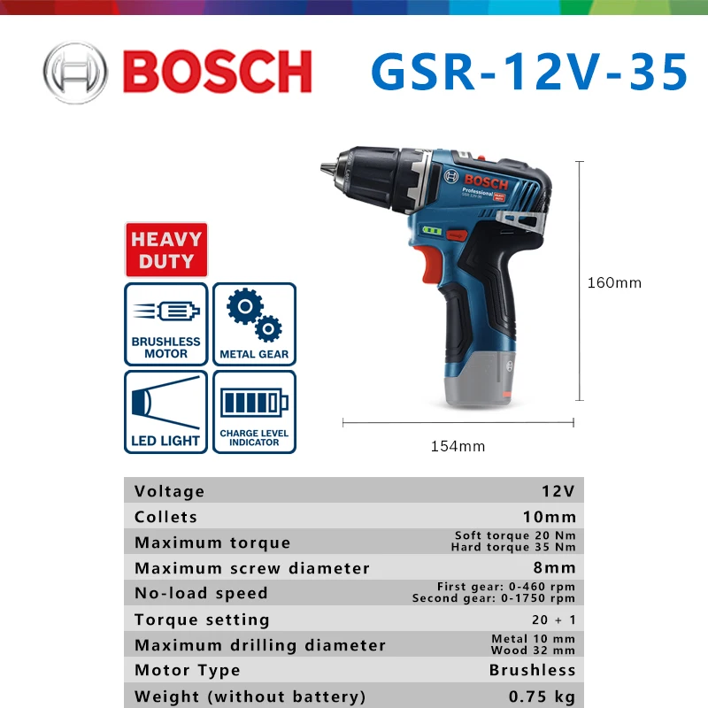 Bosch Electric Drill GSR 12V-35 Original Rechargeable Cordless Multi-function Household Screwdriver Driver Battery Not Include