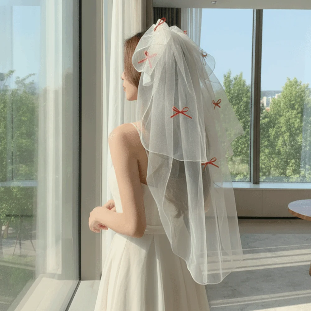 Soft Mesh Bridal Wedding Veil Dual Layer Pure White Butterfly Mesh Headpiece Light Weight Hair Clip Short Tulle Veil