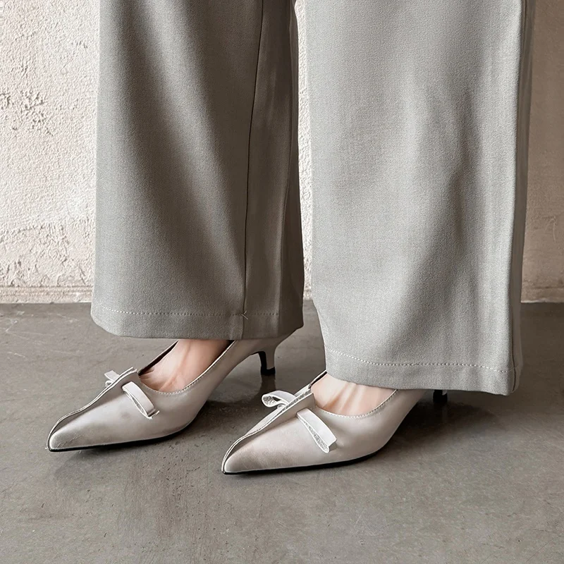 MKKHOU Fashion Pumps New High Quality Genuine Leather Shoes Bow Pointed Shallow Mouth High Heels Commuter Women's Shoes