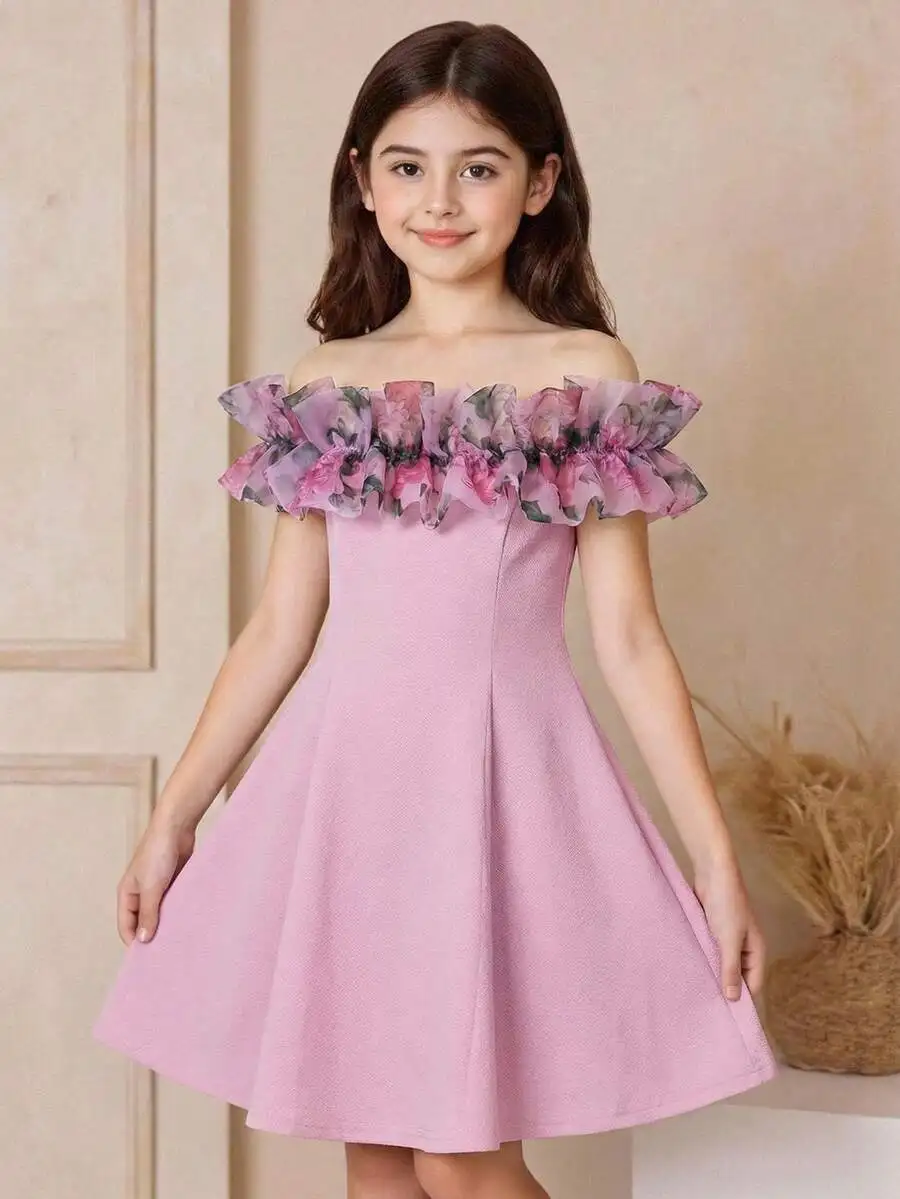 

Off-Shoulder Floral Ruffle A-Line Dress For Women, Pink Knee-Length Casual Elegant Dress