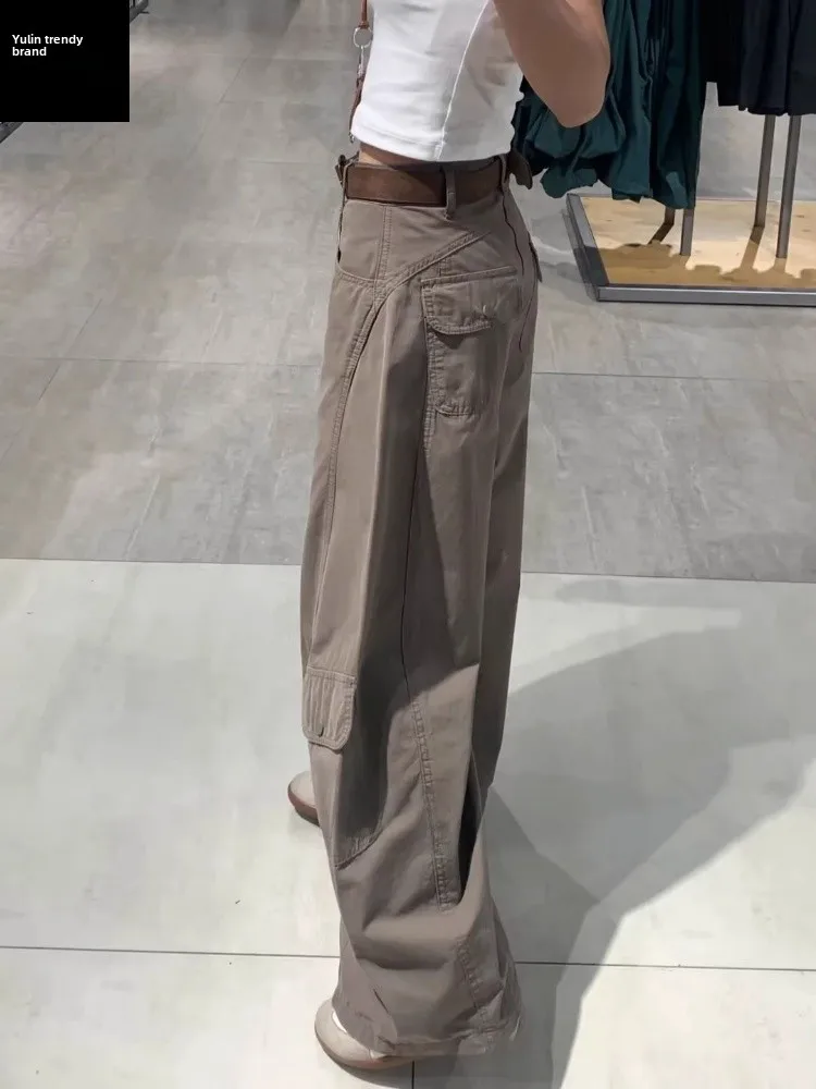 

Retro American A-Line Work Pants Women's Autumn Multi-ket Wide Leg Straight Cut Jeans CleanFit High Waist Cotton Casual Pants