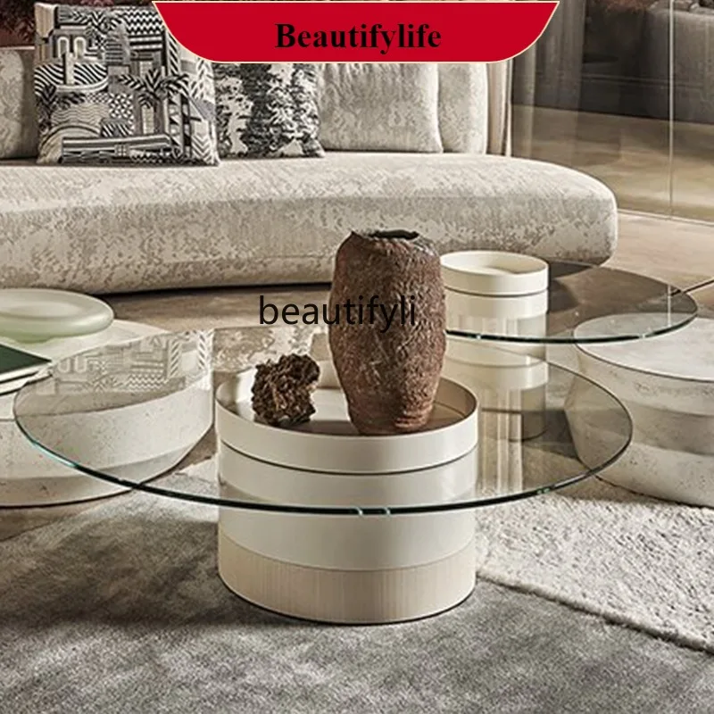 

G1218 Modern Minimalist Round Glass Tea Side Table Set for Living Room Home Use High-End Artistic Designer Cement Tea Table