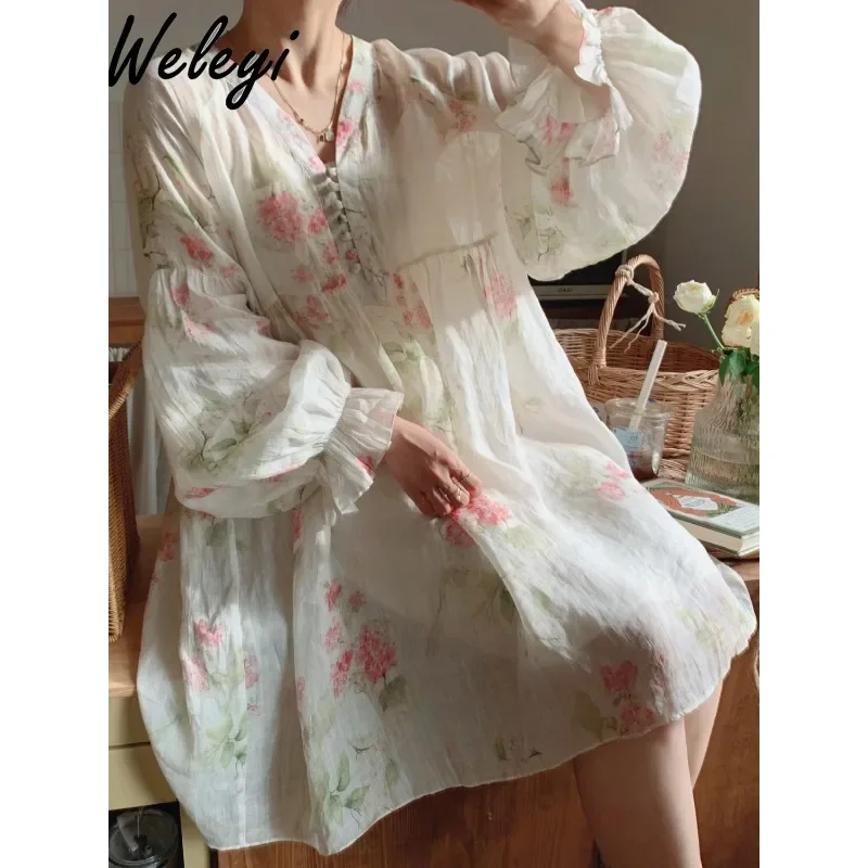 Original Lantern Sleeve Plus Size Literary Flower Printing Ramie Long Shirt Dress Thin Floral Cotton Linen Sun Protection Shirts