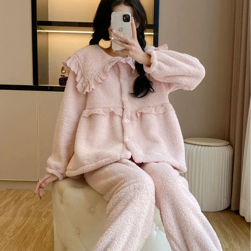 

Женская толстая овечья шерстяная одежда для сна, зимняя серия, милый кукольный воротник, свободный однотонный комплект одежды для сна, можно носить на улице