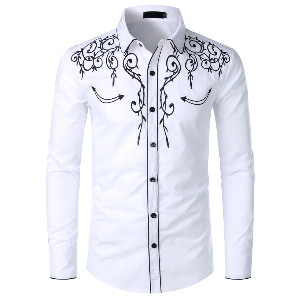 Western Cowboy Costume Shirts Men Long Sleeve Embroidered Shirts Spring Slim Fit Casual Button Down Black White Shirt Male