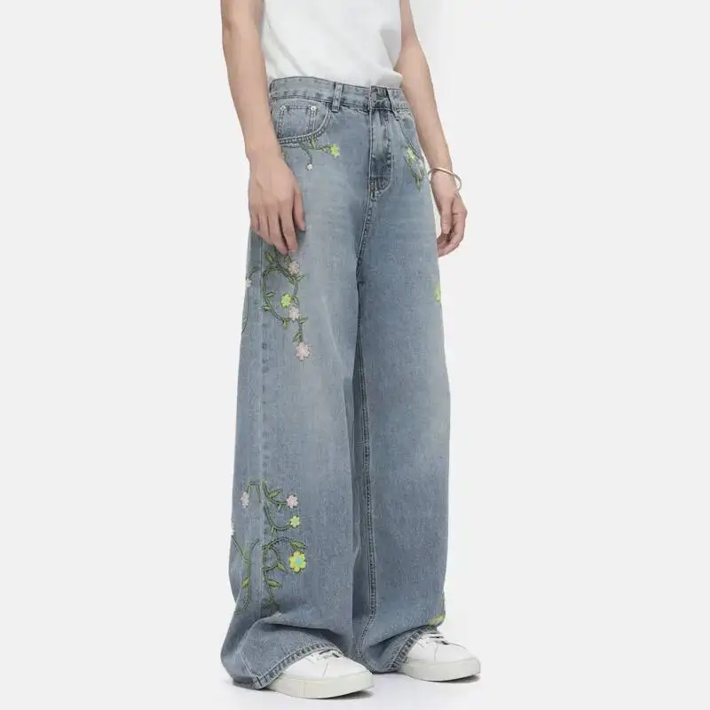 

Мужские джинсы нишевого дизайна 2025 года с вышивкой контрастного цвета, повседневная нижняя часть, свободные прямые широкие мужские джинсовые брюки