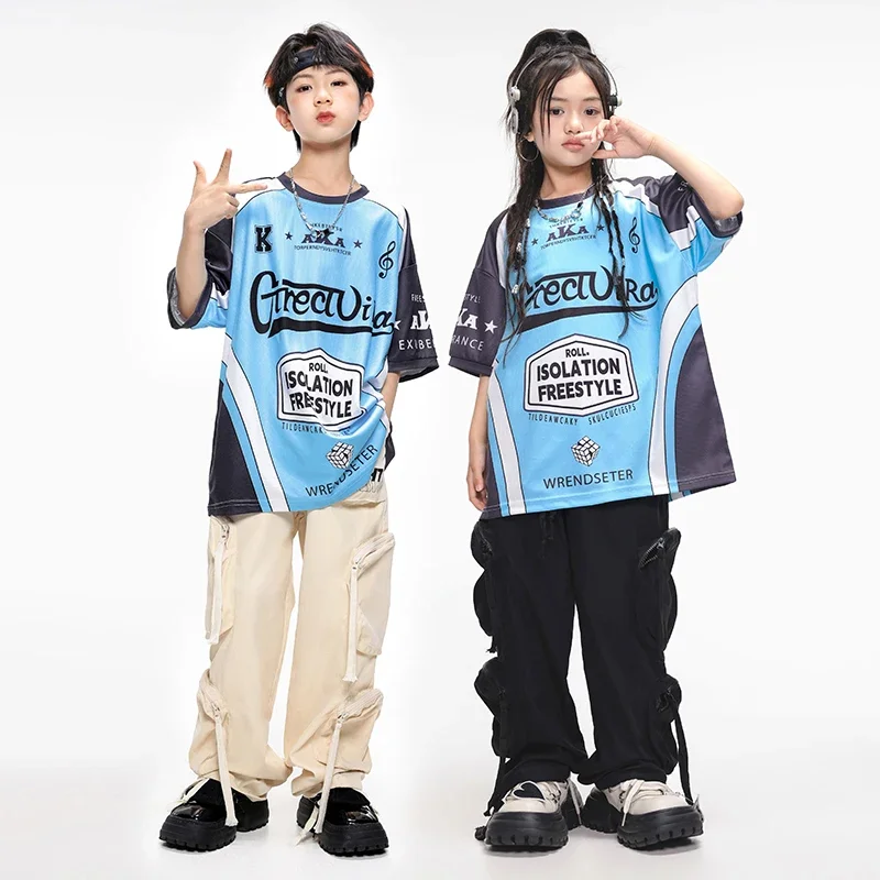 Boys Hip Hop Dancing Outfits Contrast Tshirt Cargo Pants Girls K-pop Street Dance Costumes Kids Jazz Clothes Child Streetwear