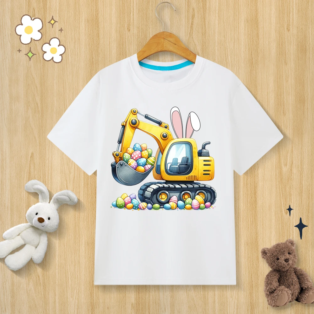 Children’s Pure Cotton T-shirt Happy Easter Bunny Egg Print T-shirt  O-neck Short Sleeve Kids Clothes Boys Clothes Girls Clothes