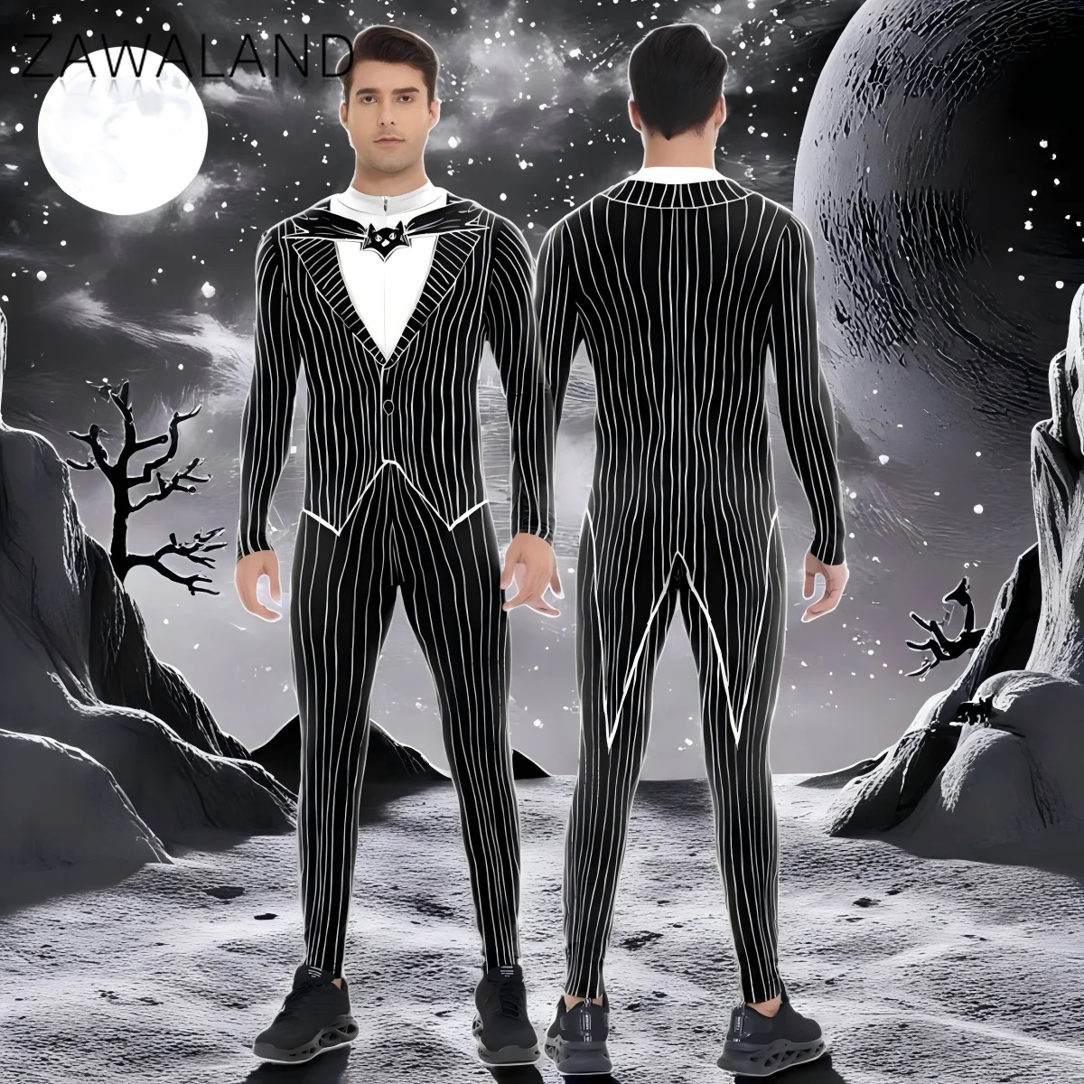 

Jack Black White Stripe Cosplay Costume Tailcoat Printing Bodysuit For Man Halloween Party Performance Jumpsuit Carnival Outfits