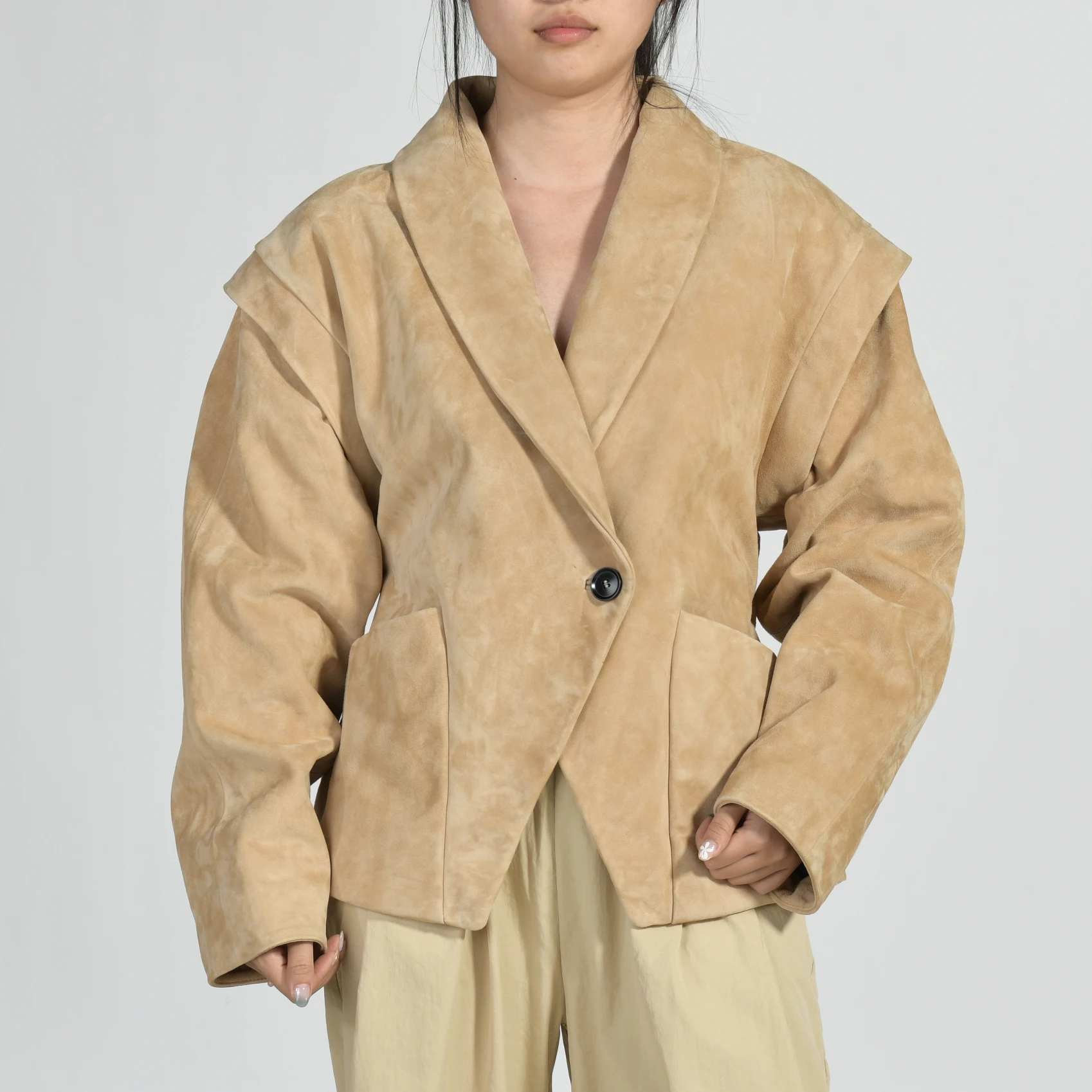 Jaxmonoy Echt Wildleder Leder Jacke Damen High-end Echtem Schaffell Mantel Herbst Winter Neue Design Blazer Oversize Leder Mäntel