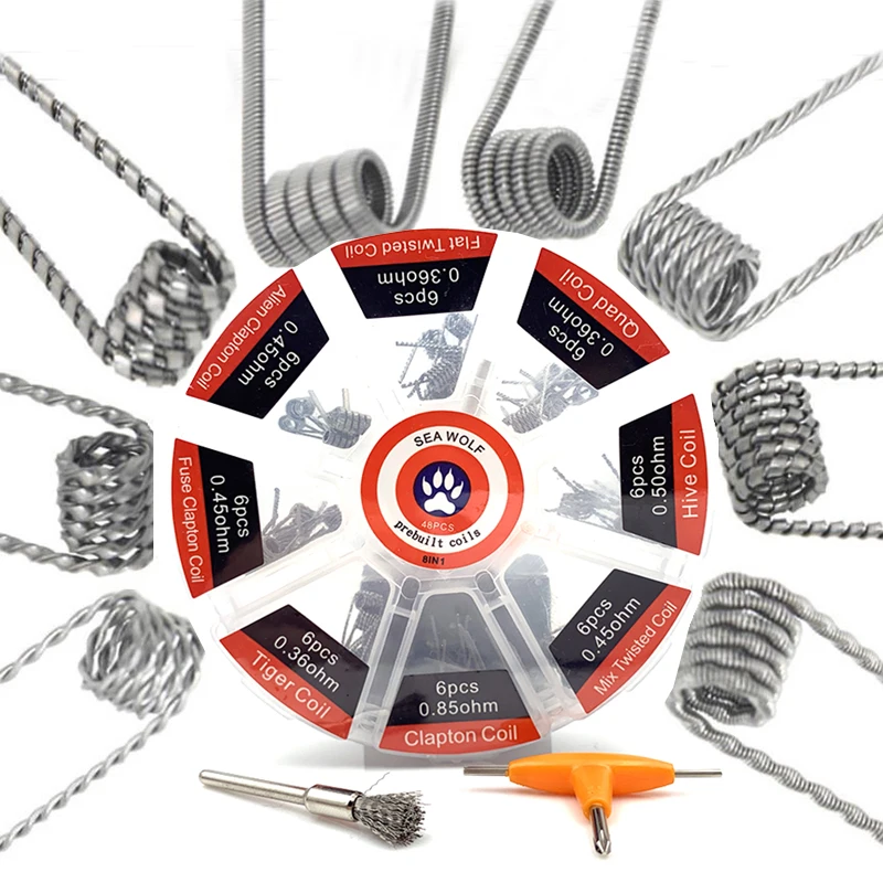 Önceden Üretilmiş Bobin 8 Çeşit Alien Clapton Hive Bükülmüş Tel DIY Kiti Metal Fırça T Tornavida Bacon Pamuk