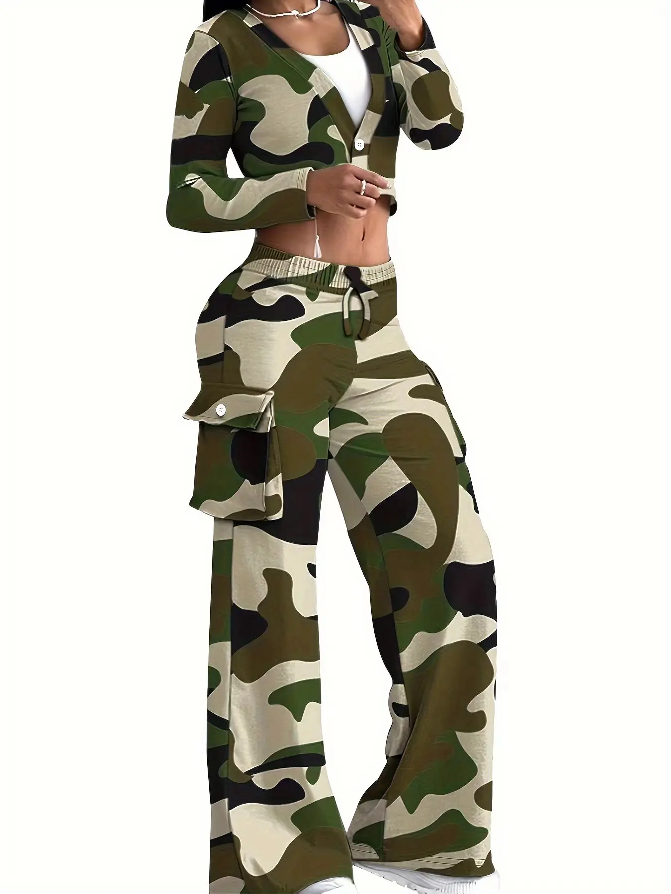 Casual Camo Print Two-Piece, Long Sleeve Single Button T-Shirt and Drawstring Flap Pocket Pants Apparel, Women's