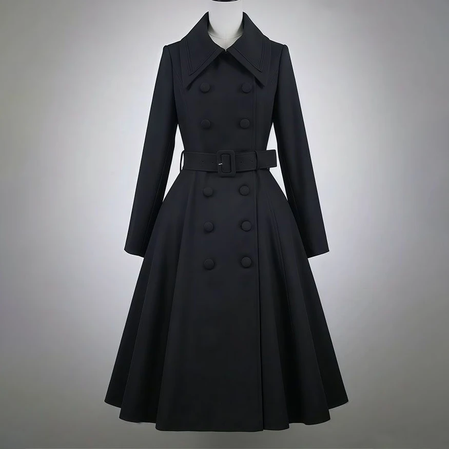 Double Breasted Belted Trench Coat Women Wide Lapel Flared Woolen Overcoat Vintage Long Sleeve Autumn Winter Formal Outerwear