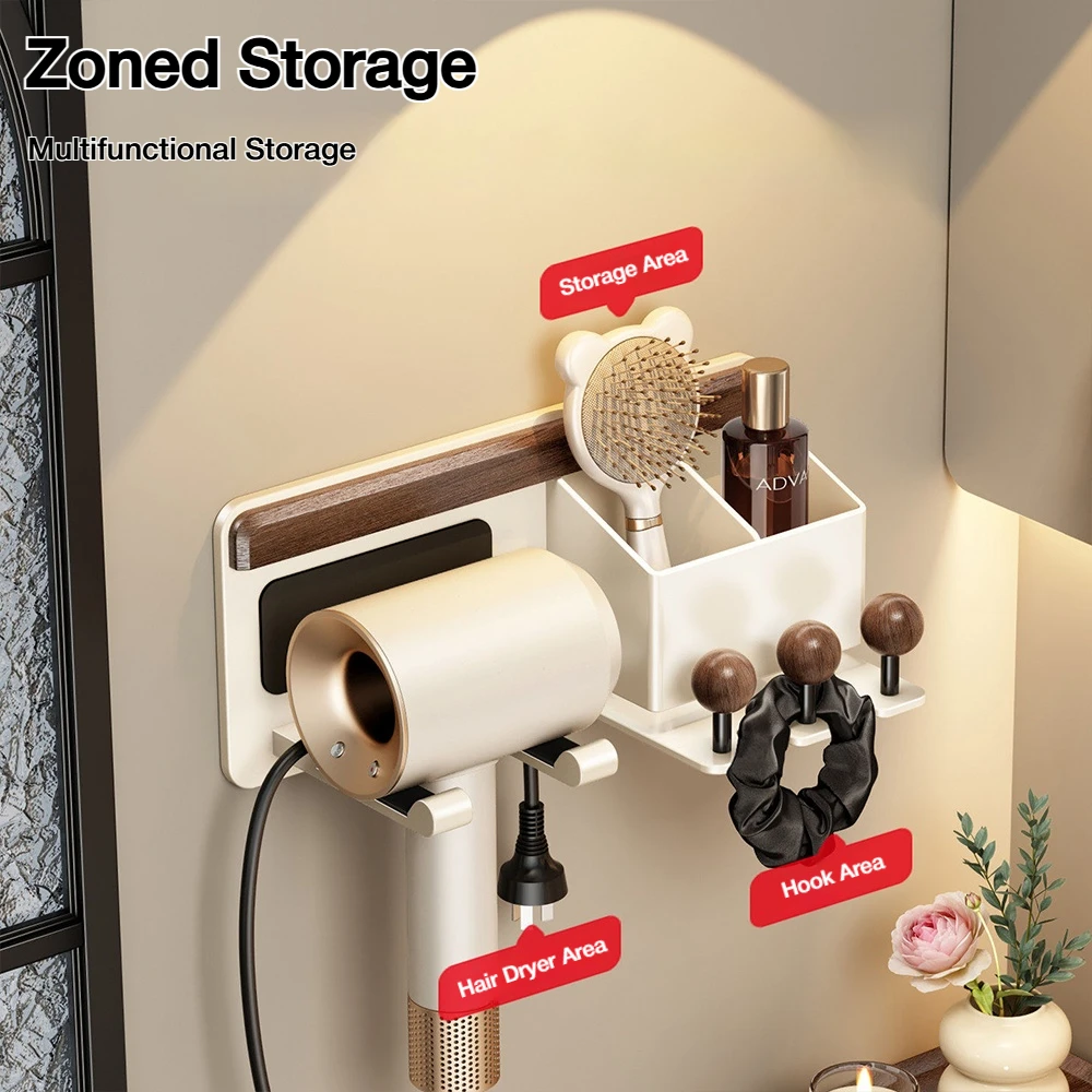 Retro Style Walnut Wood Punch Free Hair Dryer Holder Hairdryer Stand Wall Mounted Space Saving Blower Rack Bathroom Storage Rack