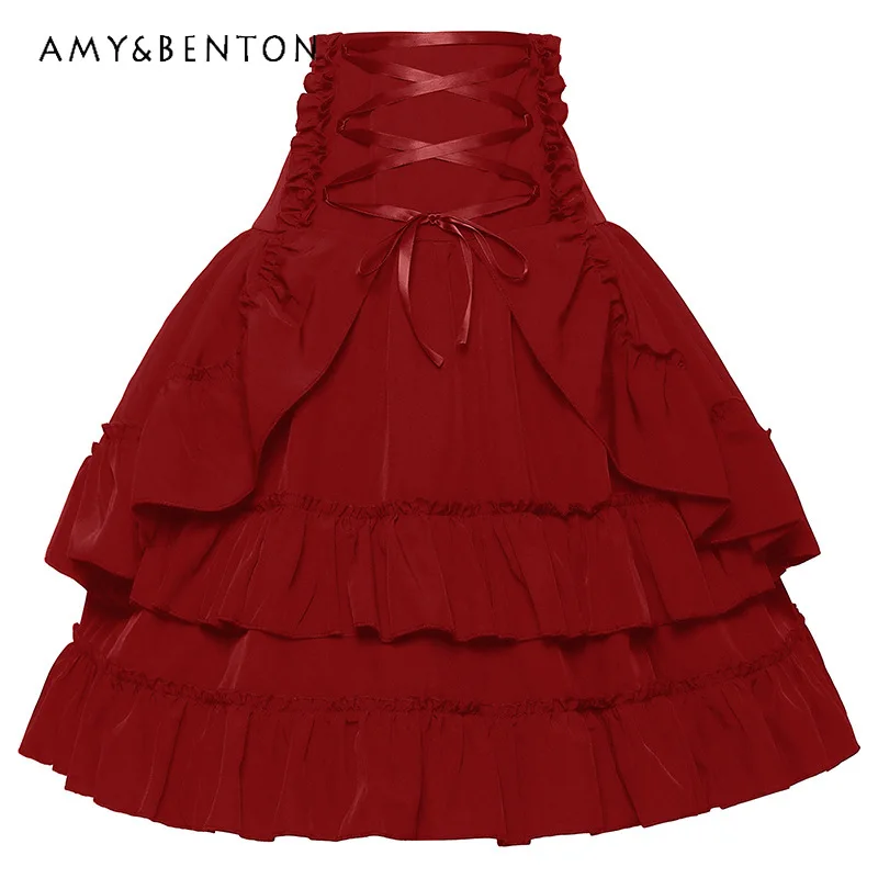 

Japanese Gothic Punk Lolita Sweet Cool Strap-on Women's Skirt Original Design Dark Halloween Multi-layer Retro Skirts Ladies