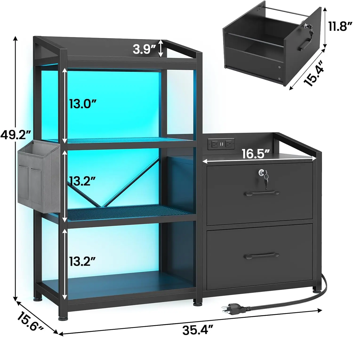 Armoire de classement de 35.4 pouces, adaptée aux lettres/format A4, 2 armoires de classement à proximité pour le bureau à domicile avec multiprise, lumières LED, serrure