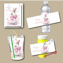 Pink Bow Bunny Rabbit Water Bottle Juice Pouch Labels Bubble Favor Bag Sticker Birthday Easter Party Decor Festival Supplier