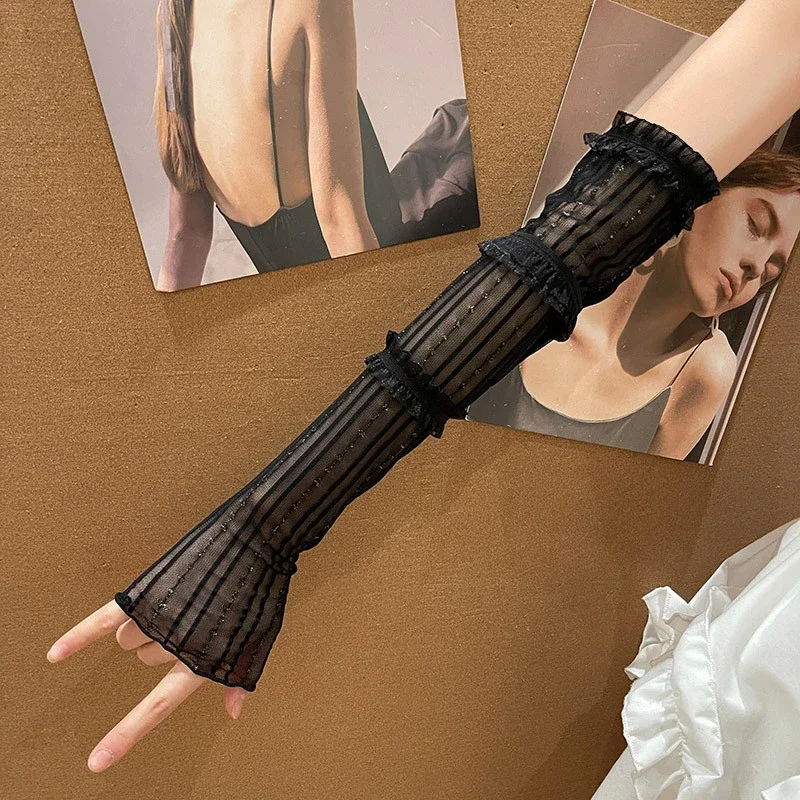 Manicure display tiro fundo menina rendas finas mangas de braço longo oco para fora luvas sem dedos para fotografia e unhas