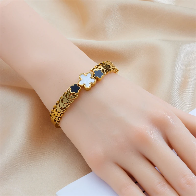 DIEYURO 316L Stainless Steel Golden Colour White Beihua Black Wheat Ear Bracelet For Girl New Fashion Loop Wrist Jewelry Gifts